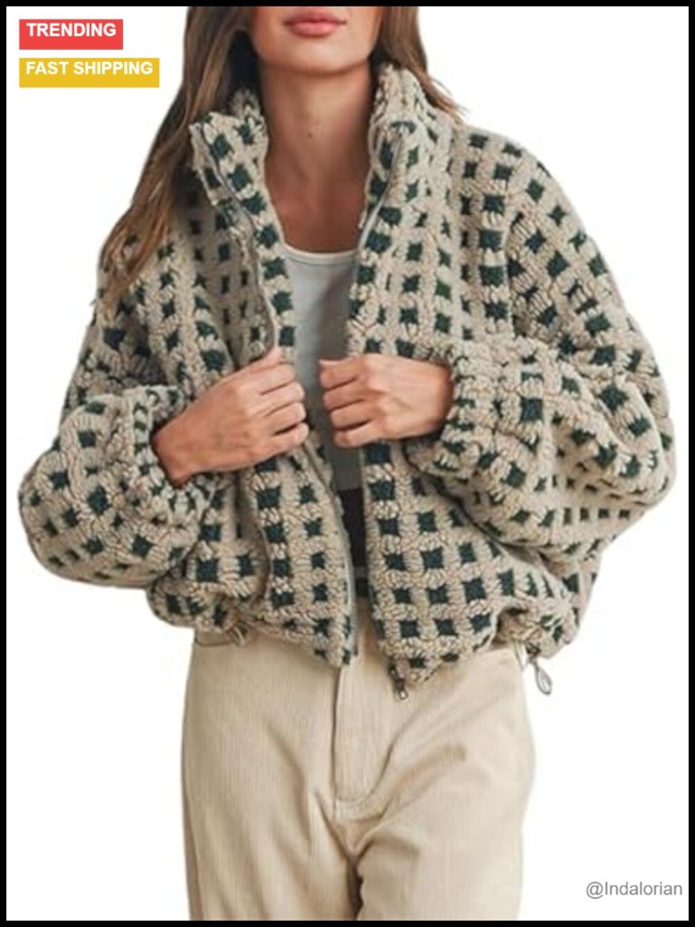 Yoawdats Womens Sherpa Fleece Jacket Fuzzy Zip Up Cropped Casual Outerwear